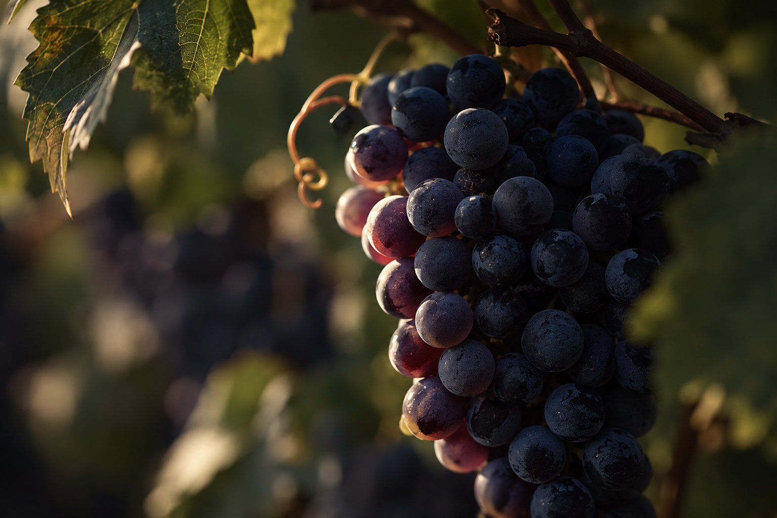 Grappolo d'uva tra i tralci nei vigneti della Cantina Baldassarri